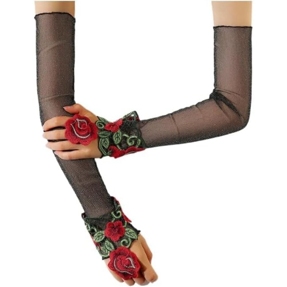 Women's A-K-Blue Flowers Embroidered Lace Gloves Cocktail Party Costumes - Picture 3 of 6